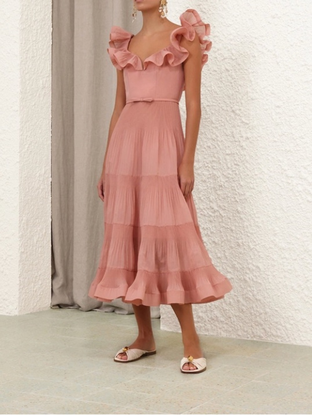 Zimmermann Pleated Frill Midi Dress Lipstick size 0